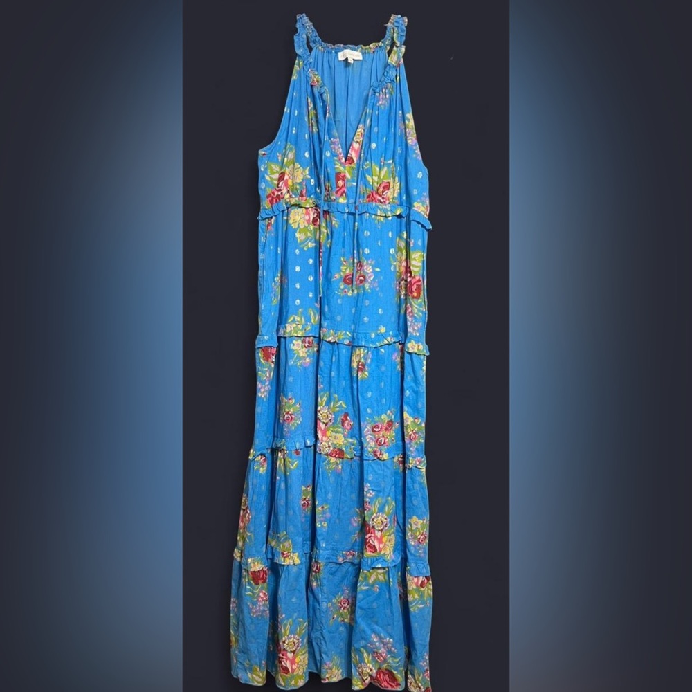 House of Harlow 1960 Blue Floral Tiered Ruffle Maxi Dress Boho cottagecore